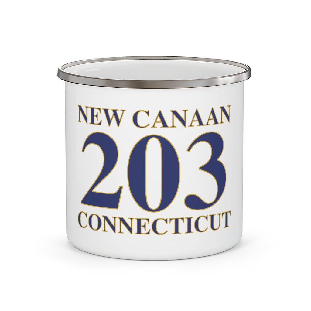 New Canaan 203 Connecticut Enamel Camping Mug  The 203 New Canaan Collection. Show off New Canaan and Connecticut at the same time. Colors were inspired by the Connecticut state flag.   Proceeds help build Finding New Canaan and Finding Connecticut's brand.  