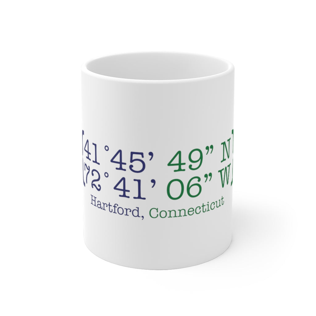 Hartford Coordinates White Ceramic Mug  Proceeds help grow Finding Connecticut's website and brand.   Click here to return to our home page. 