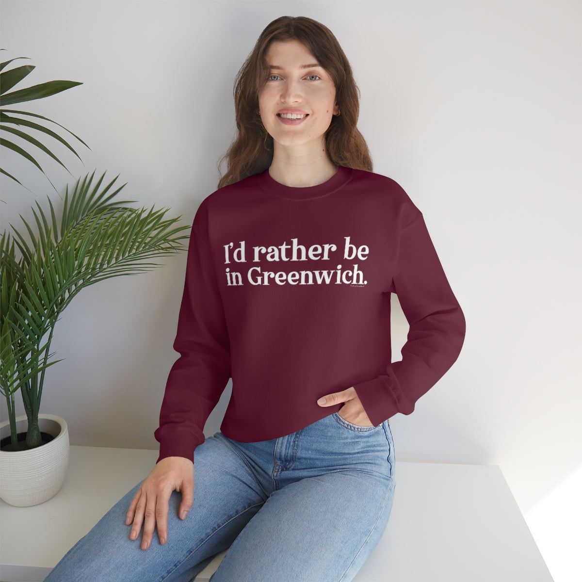 I'd rather be in Greenwich. Unisex Heavy Blend™ Crewneck Sweatshirt - White Print