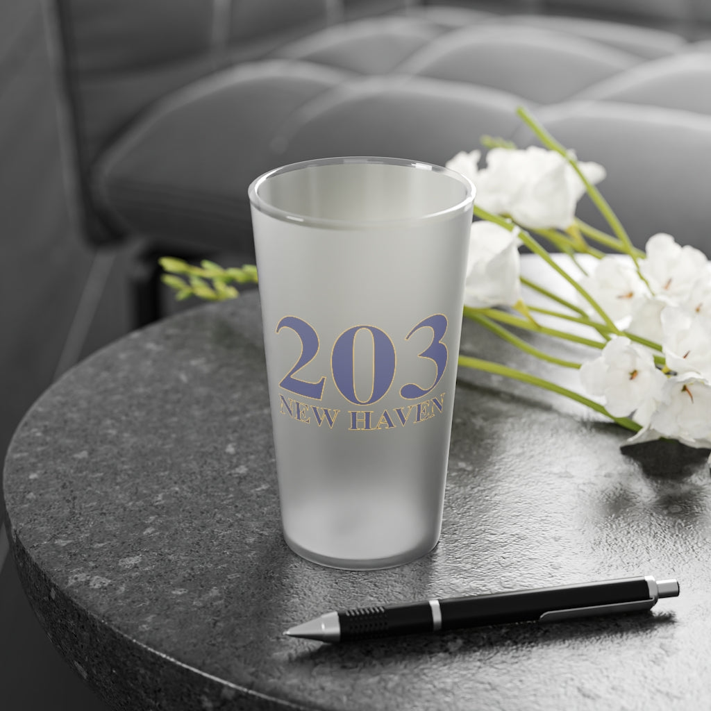 203 New Haven Frosted Pint Glass, 16oz 203 New Haven Collection. Inspired by the Connecticut flag and the 203! Show off for your pride for Connecticut and New Haven!   Proceeds of this collection go to help build Finding Connecticut’s website and brand. • Free USA shipping   Click here to go to our home page