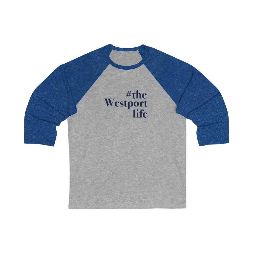 #thewestportlife Unisex 3/4 Sleeve Baseball Tee  Do you live the #thewestportlife? Living the #thewestportlife is a lifestyle and proudly show it off the world that your beach of choice is Compo Beach and you support the local lifestyle.  Free USA shipping on all products.  Proceeds of this collection goes to help grow Finding Westport and Finding Connecticut’s brand.