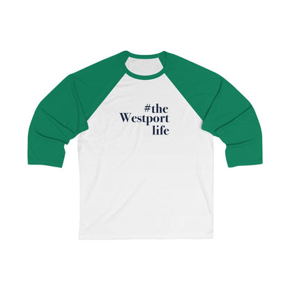 #thewestportlife Unisex 3/4 Sleeve Baseball Tee  Do you live the #thewestportlife? Living the #thewestportlife is a lifestyle and proudly show it off the world that your beach of choice is Compo Beach and you support the local lifestyle.  Free USA shipping on all products.  Proceeds of this collection goes to help grow Finding Westport and Finding Connecticut’s brand.