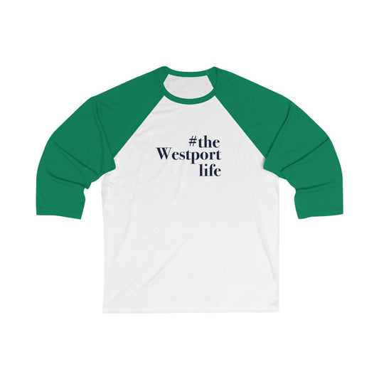 #thewestportlife Unisex 3/4 Sleeve Baseball Tee  Do you live the #thewestportlife? Living the #thewestportlife is a lifestyle and proudly show it off the world that your beach of choice is Compo Beach and you support the local lifestyle.  Free USA shipping on all products.  Proceeds of this collection goes to help grow Finding Westport and Finding Connecticut’s brand.